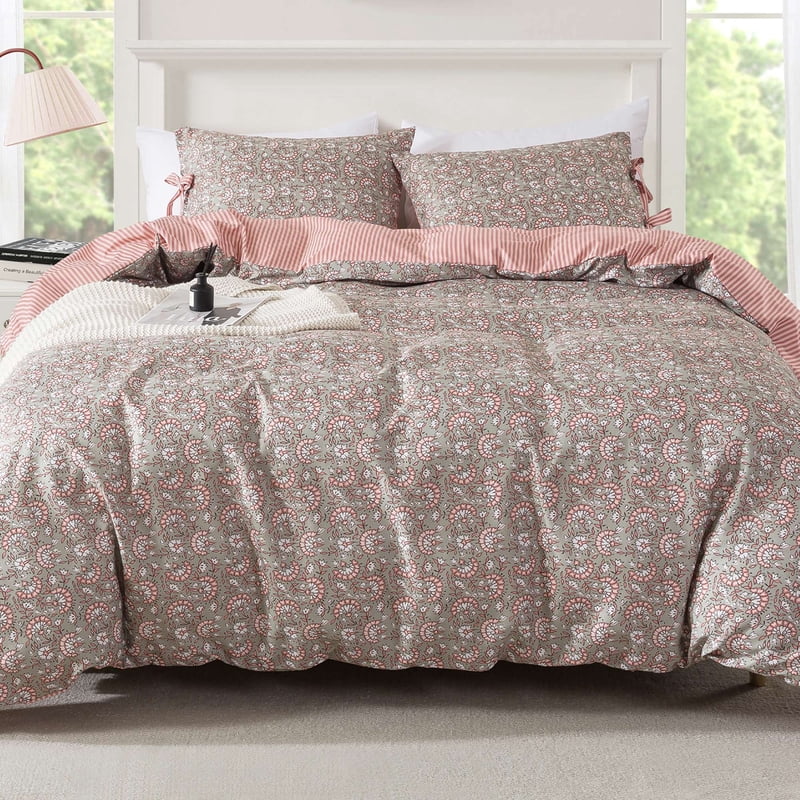 Reversible All-Season Full/Queen Duvet Cover Set with Floral Bowknot - Green