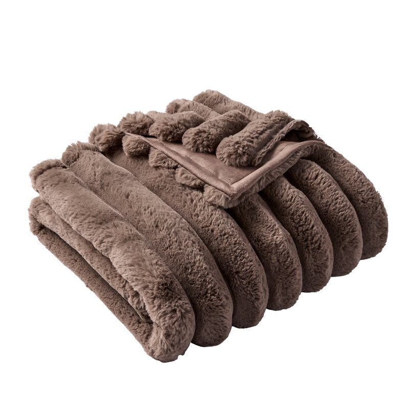 Reversible Faux Fur & Micromink Throw Blanket - Channel Pattern, 50 x 72 in - Channel Brown Basket
