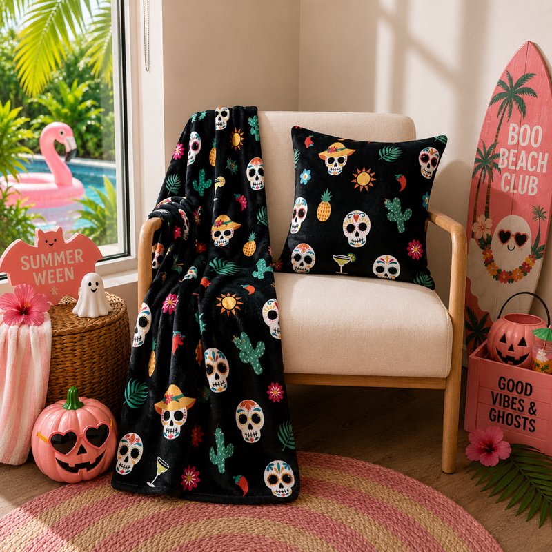 Summerween 18x18 Plush Decorative Pillow - Fiesta Skulls Black