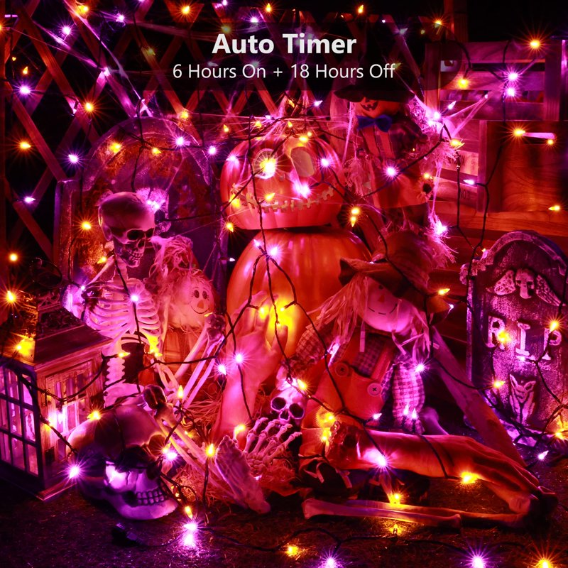 Halloween String Lights 33ft 100 LED Waterproof Indoor Outdoor Lights with 8 Modes - Orange & Purple