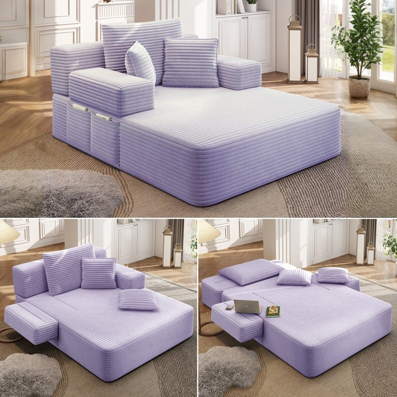 Aukfa Purple Oversized Corduroy Convertible Sofa Bed & Lounge Chair with Storage Pockets