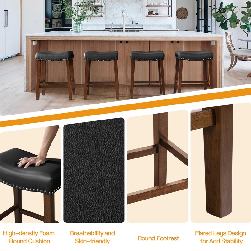 Saddle Bar Stools Set of 2 - 26 Inch Leather Height Stools - Black