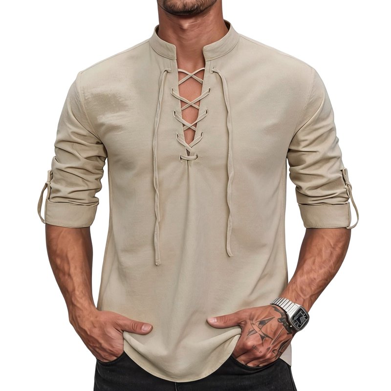 Men's Renaissance Pirate Viking Costume Shirt Khaki 3XL Long Sleeve Steampunk