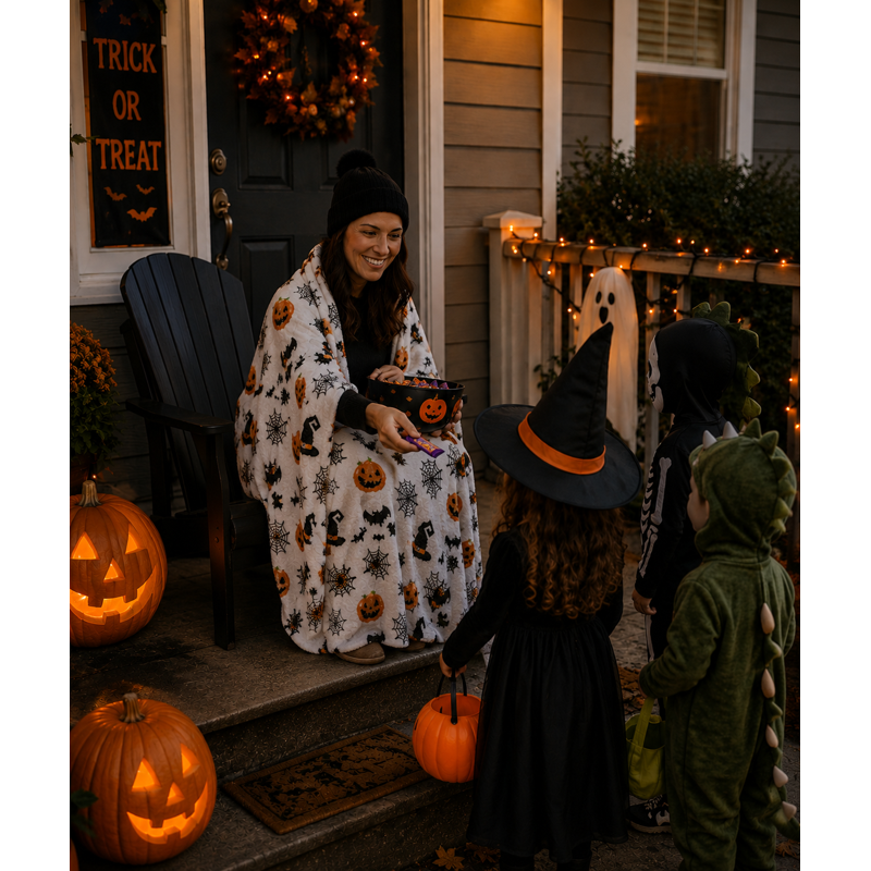 Halloween Throw Blanket - Haunted Plush Velour with Jack O Lanterns & Spiders - Haunted Fun