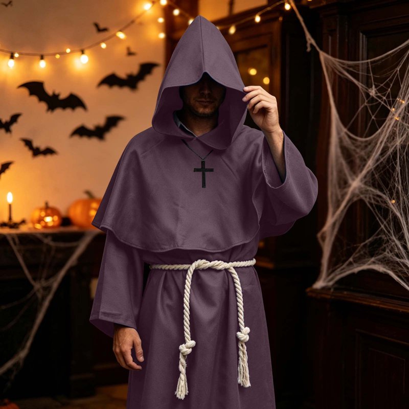 Medieval Hooded Monk Robe Costume Friar Priest Cloak for Halloween - Coffee, Large