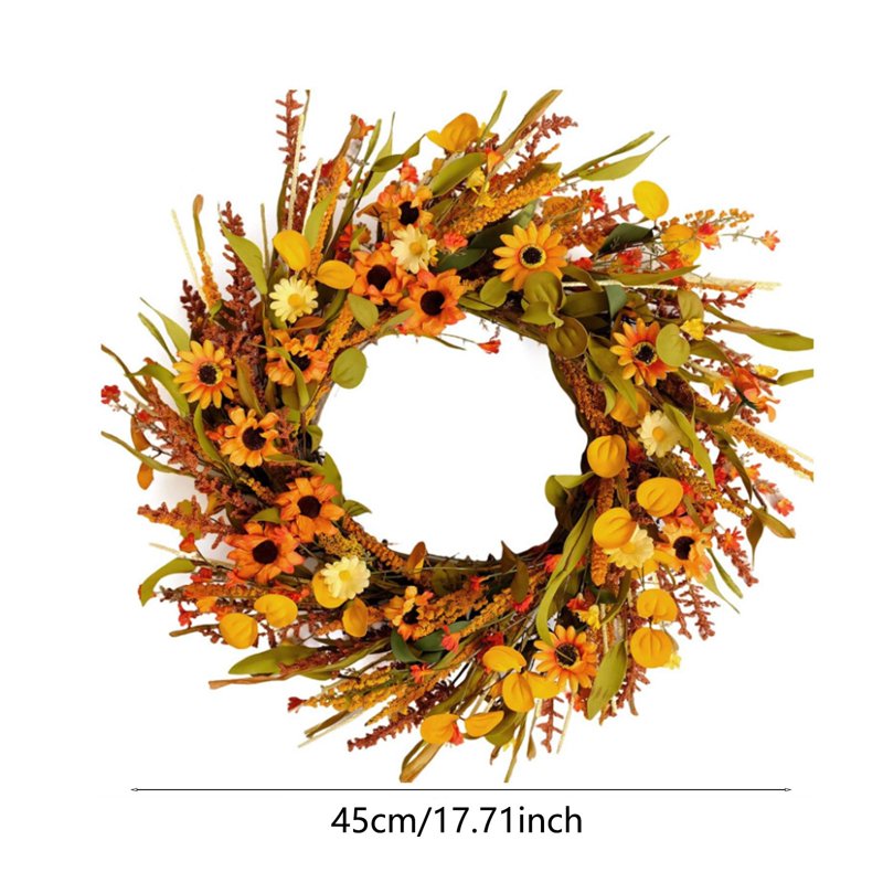 Fall Sunflower Dried Grass Wreath for Front Door Wall Decor, Harvest Garland - 17.7in
