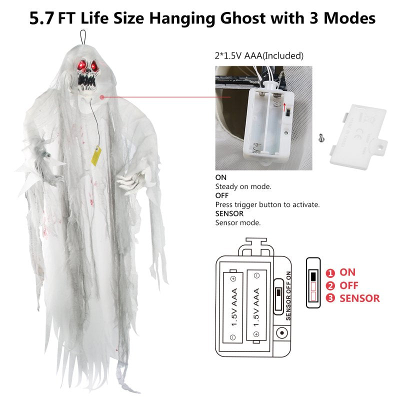 Halloween Skeleton Hanging Ghost Light-Up Grim Reaper Decoration - White, 5.7FT, Outdoor & Indoor