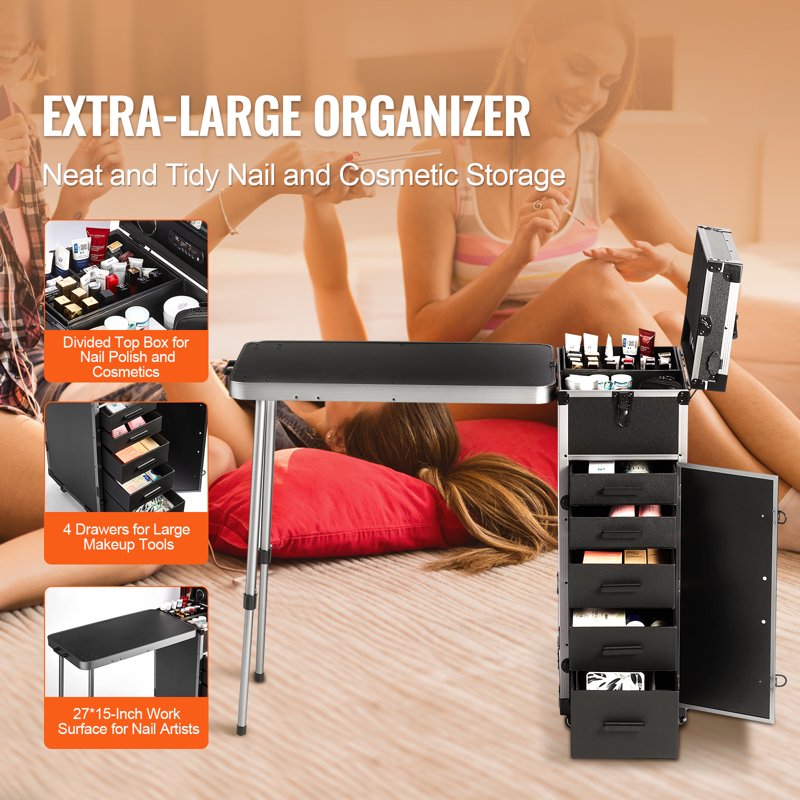 Professional Makeup Train Case with Foldable Workbench - Black