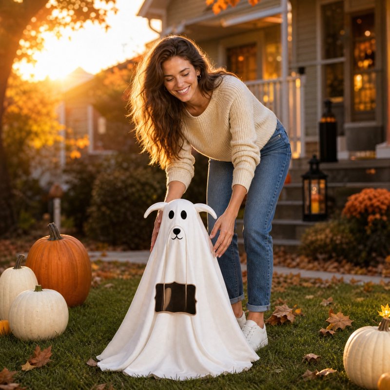 Ghost Walking Dog Halloween Yard Decor - 2.1 Ft Adjustable Standing Ghost and Dog Set - Modern Farmhouse Style - Variation 5A