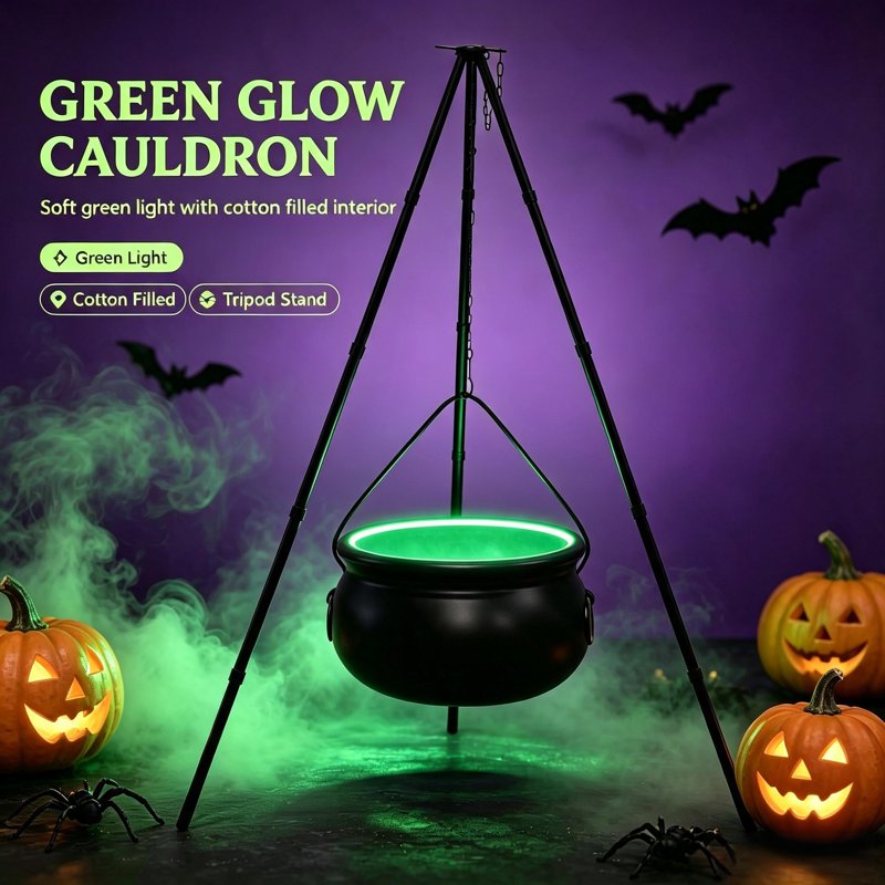 Halloween Outdoor Witch Cauldron with Tripod & Timer Lights - Black 51.1" x 7.87" - Spooky Yard Decor