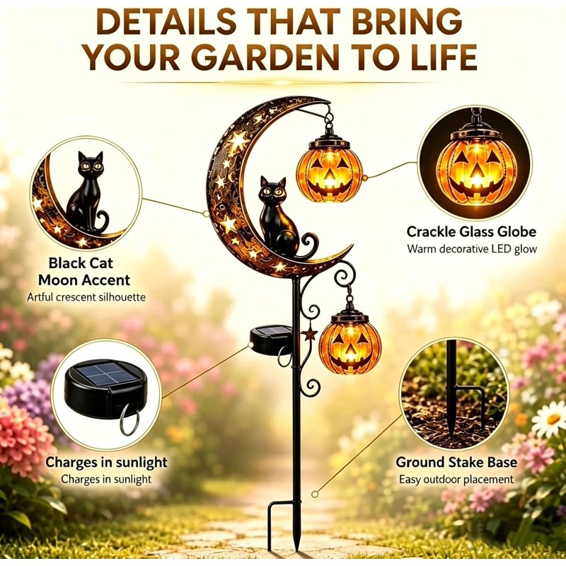 Solar Halloween Black Cat & Pumpkin Moon Garden Stake Light - Waterproof Outdoor Decor - A-1PC