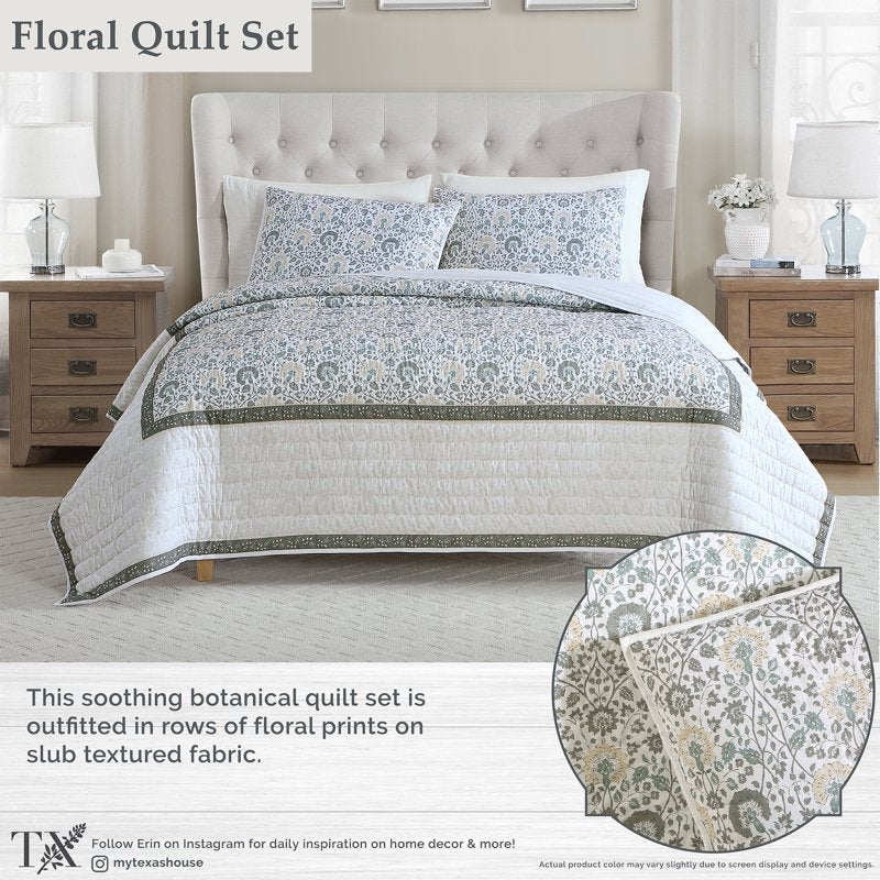 King Quilt Set with Jacobean Floral & Border - Sage, All-Season, 3-Piece