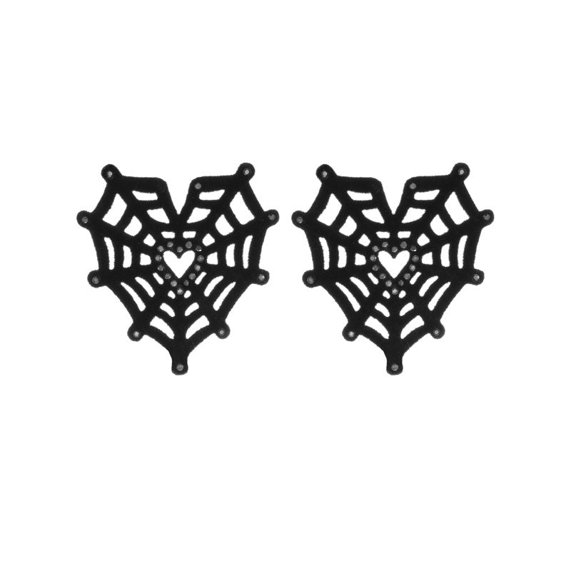 Halloween Earrings Velvet Heart Spiderweb Studs - Spooky Season Jewelry