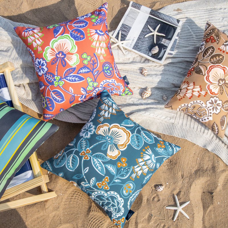 Outdoor Waterproof Floral Throw Pillow Set 12x20 Inch Orange Red - Pack of 2