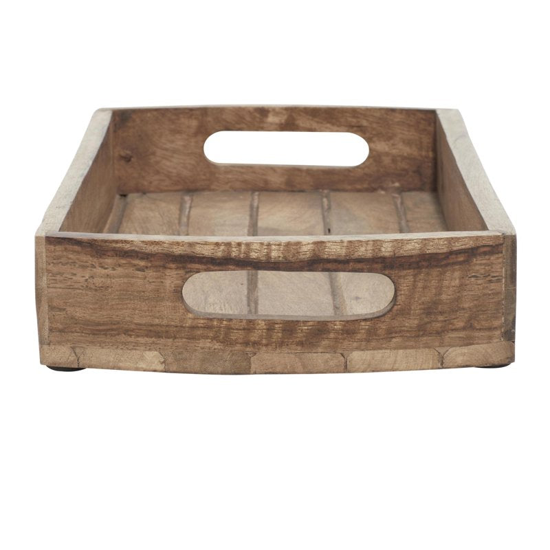 Rustic Light Brown Mango Wood Tray Set with Handles - 3 Pieces