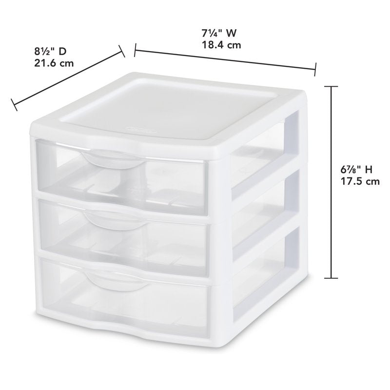 (2 Pack) Sterilite Small 3 Drawer Countertop Organizer, Clear Storage for Desks & Shelves – White