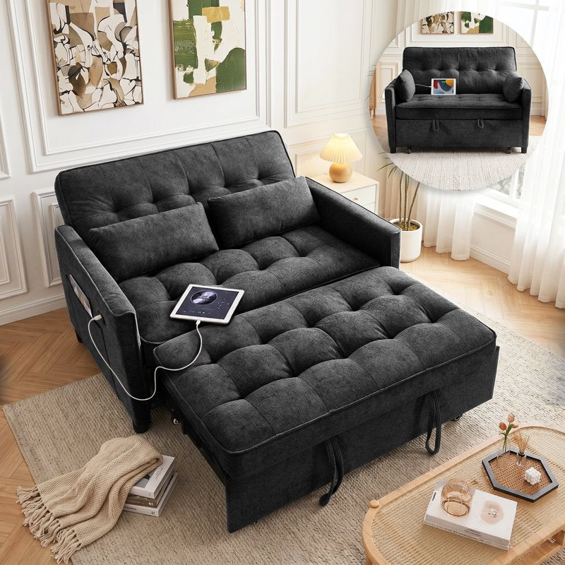 3-in-1 Convertible Sofa Bed with USB Charging Ports - Black