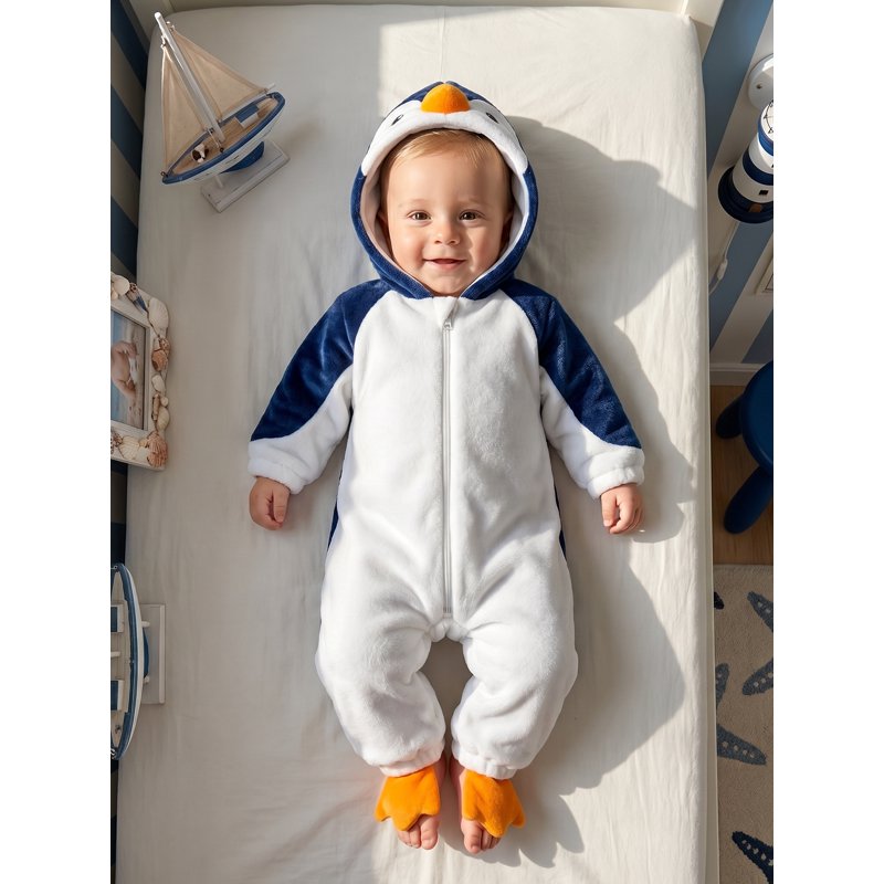 Toddler Baby Penguin Costume - Blue & White, 3-6 Months Plush Romper for Halloween