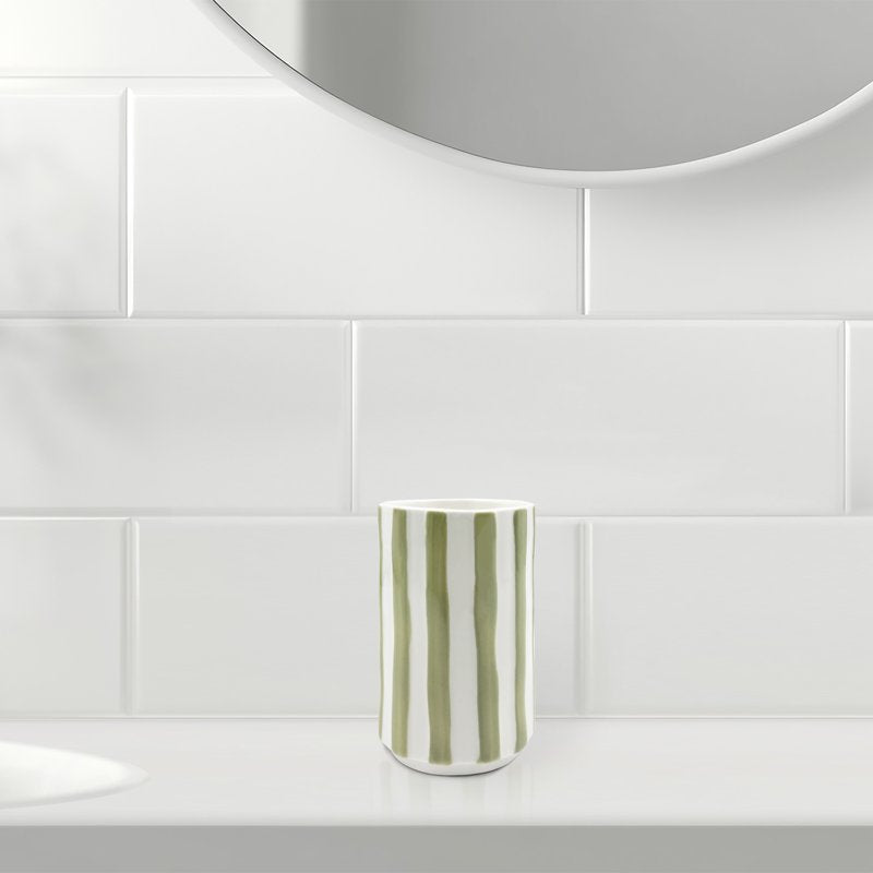 Mainstays Hand Painted Green & White Stripe Toothbrush Holder - Bathroom Accessory