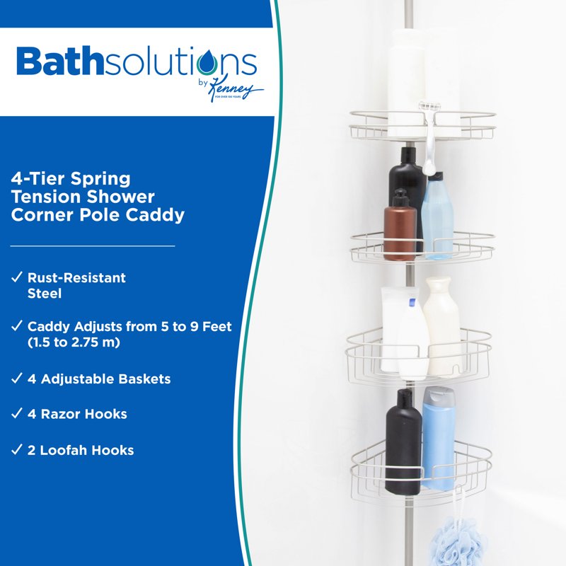 Kenney 4-Tier Spring Tension Shower Corner Caddy with Razor Holder Satin Nickel