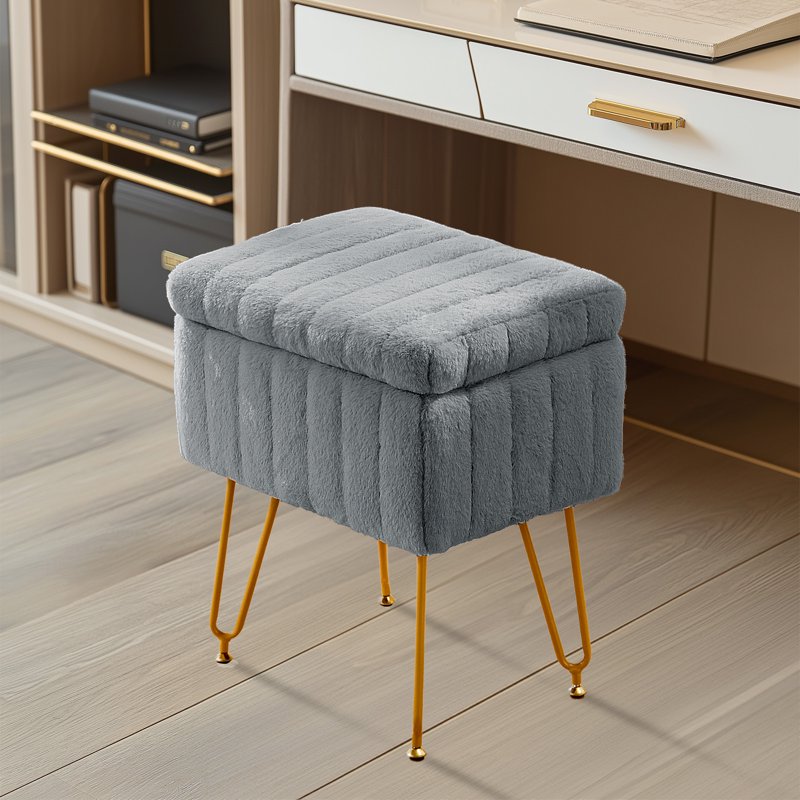 Vanity Stool Chair with Storage - Grey Faux Fur Seat