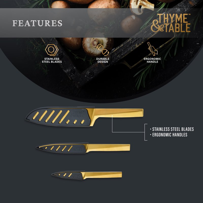 Gold Knife Set - 3-Piece Stainless Steel Kitchen Knives