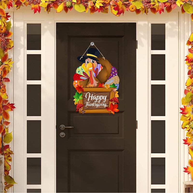 Thanksgiving Wooden Turkey Pumpkin Door Wreath - Black Fall Autumn Decor