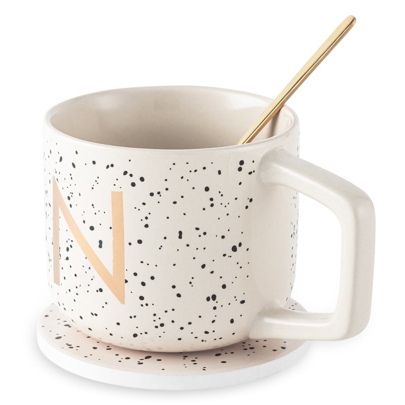 Monogram N Stoneware Coffee Mug Set with Coaster & Stir Spoon