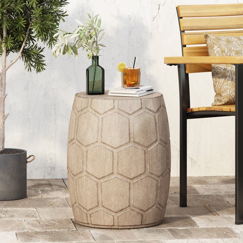 Lightweight Concrete Outdoor Side Table with Natural Wood Finish