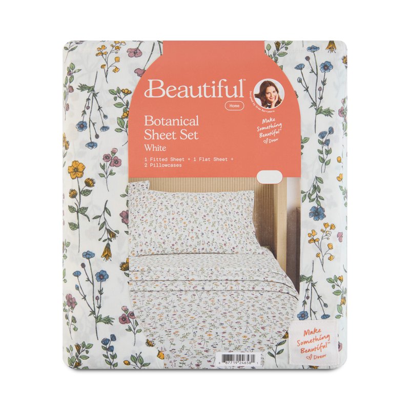Queen 4-Piece Cotton Percale Sheet Set - White Botanical Print
