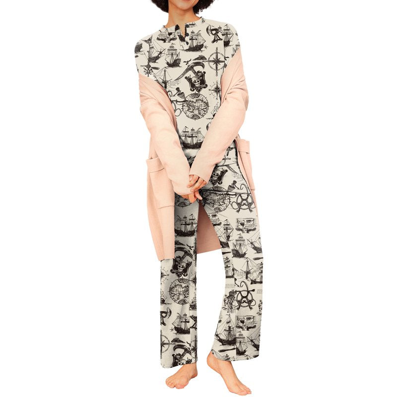 Beige Pirate Map Couple Pajama Set - Women L, Soft Sleepwear with Pockets