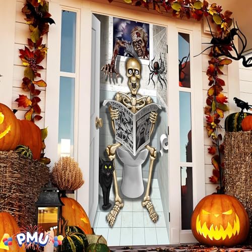 PMU 3-Piece Halloween Bathroom Door Cover Set - Skeleton and Spooky Decor