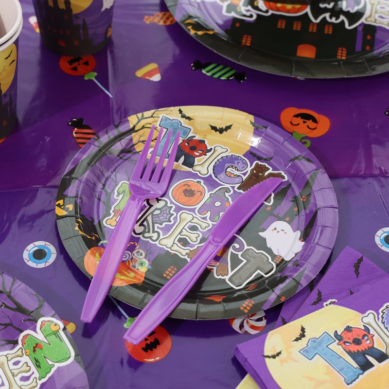 Halloween Party Supplies 24-Piece Disposable Set with Plates Cups Banner & Tablecloth
