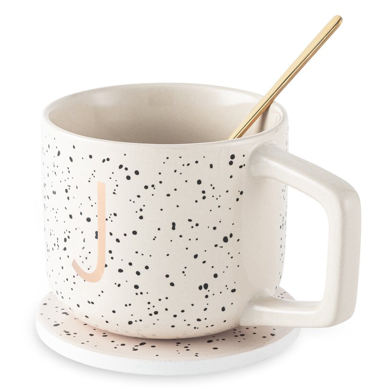 Monogram J Stoneware Coffee Mug Set with Coaster & Stir Spoon - Speckle