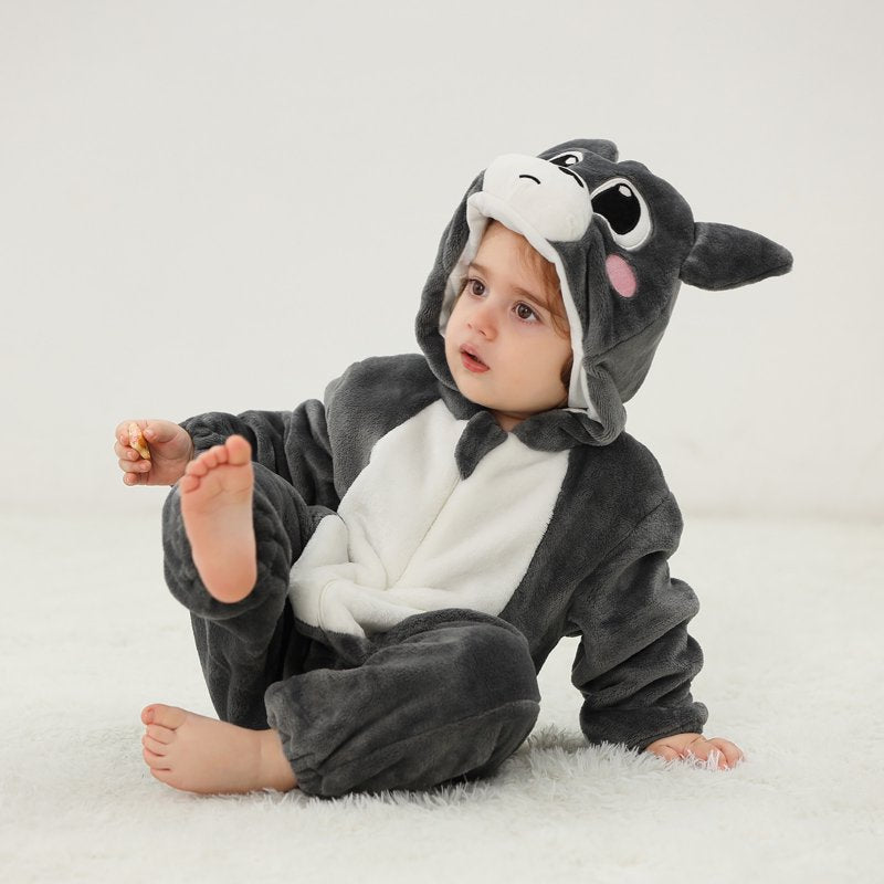 Kids Animal Cosplay Romper Hooded Flannel Jumpsuit for 3-6 Months - Dark Gray