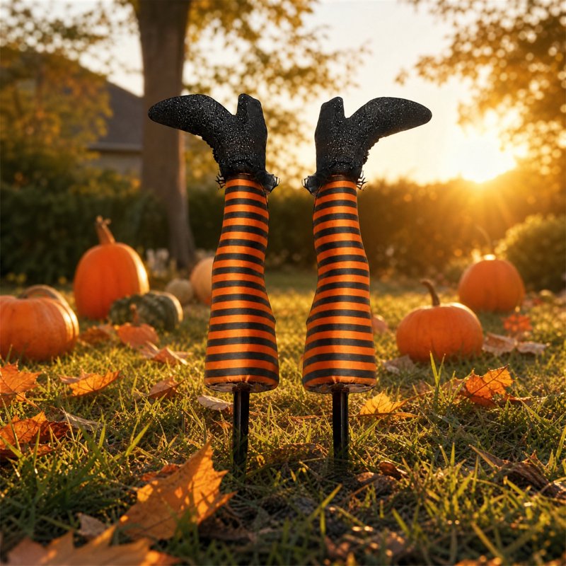 Halloween Witch Leg Yard Stakes with Glitter Shoes & Striped Stockings - Orange Variation