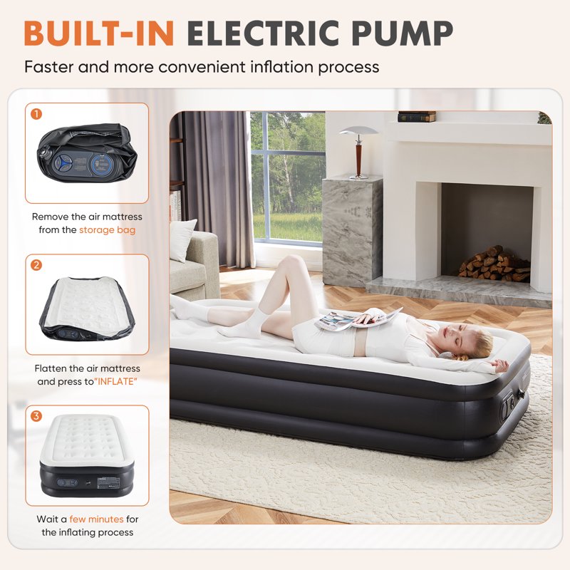 16-Inch Twin Air Mattress Bed with Built-In Pump - Portable for Camping & Guests