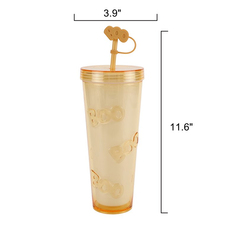 Glow in the Dark Boo Tumbler - 26 Oz Double Wall Acrylic Halloween Drinkware with Silicone Straw - Variation BOO