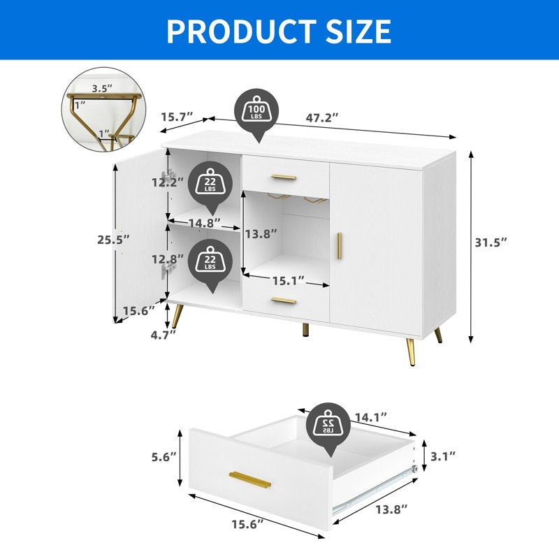 Storage Cabinet with Doors & Drawers - White Coffee Bar Cabinet