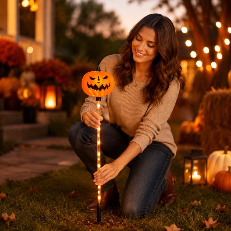 Halloween Solar Stake Lights Ghost Pumpkin Set Waterproof Multi-Color Glow - White & Orange