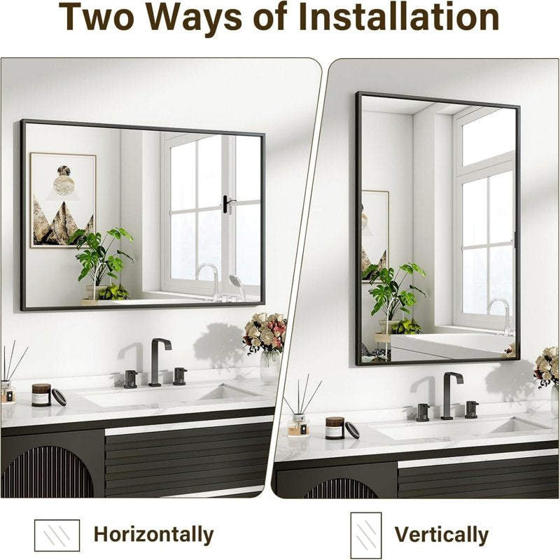 Bathroom Wall Mirror 32x24 inches Rectangular Black Metal Frame Vanity Mirror