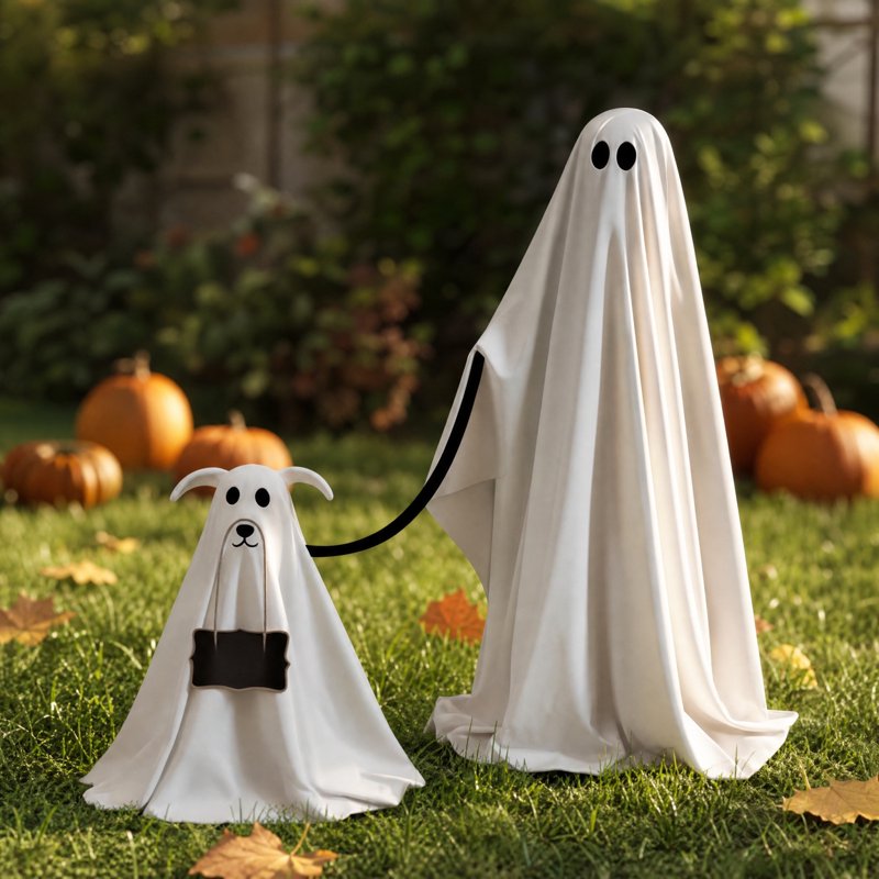 Ghost Walking Dog Halloween Yard Decor - 2.1 Ft Adjustable Standing Ghost and Dog Set - Modern Farmhouse Style - Variation 5A