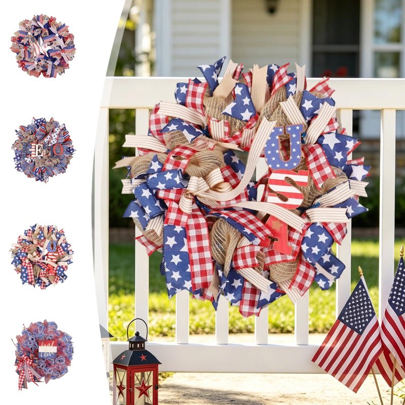 4th of July Patriotic Wreath for Front Door - Independence Day Artificial Decor - Variation 0I