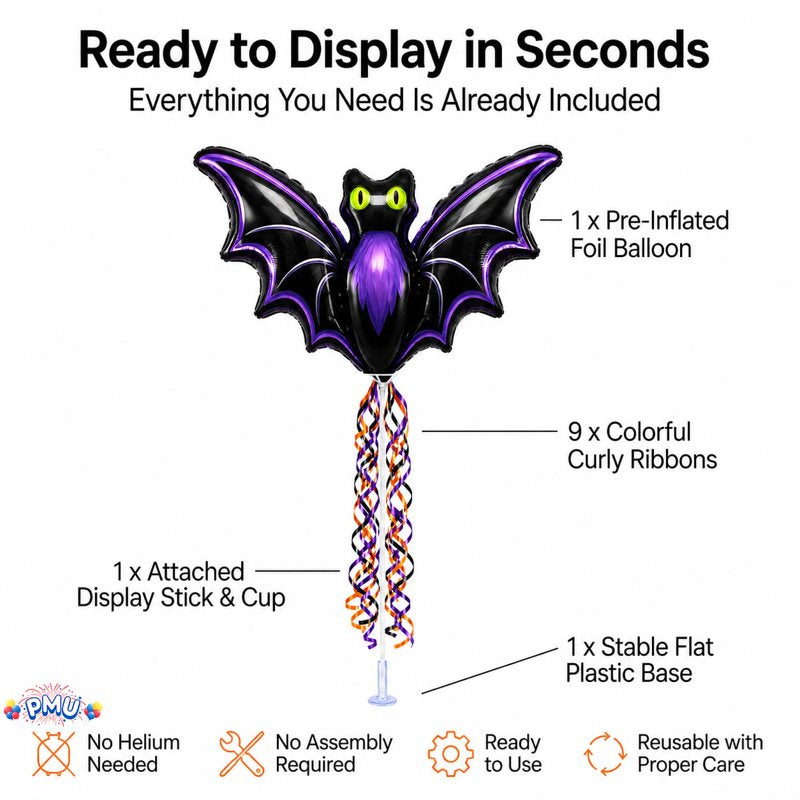 PMU Halloween Pre-Inflated Bat Balloons - 9 Inch Air-Filled, 3 Pack with Cups & Sticks - Night Bat Variation