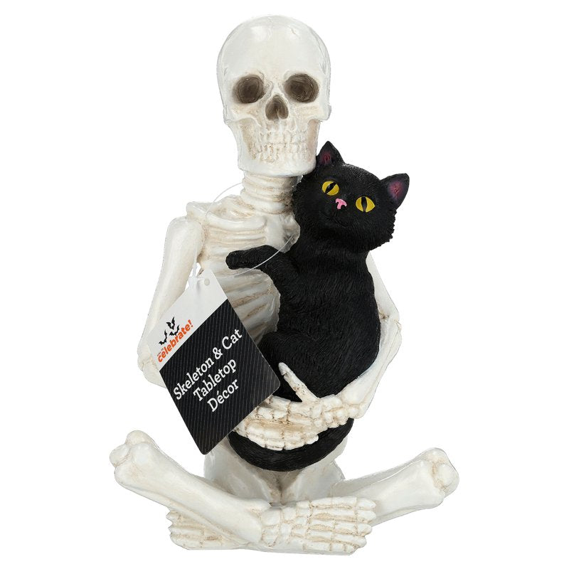 Halloween Skeleton and Cat Decor - Black and White, 8.8" Tabletop Accent
