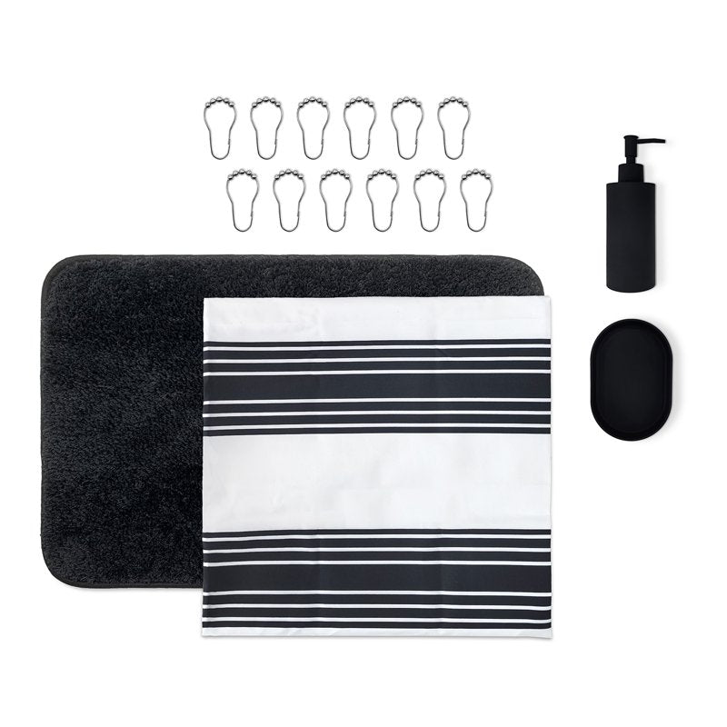 16-Piece Bathroom Shower Curtain Set with Rug, Hooks, Soap Dispenser & Tray - Black Stripe