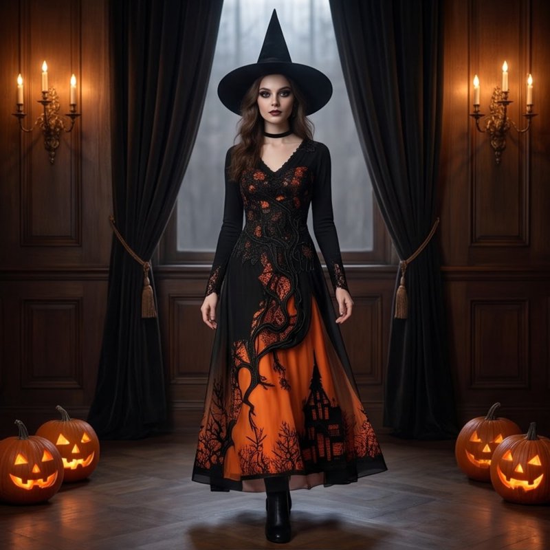 Women's Halloween Gothic Tree Thorn Pattern Lace Maxi Dress - Orange, L