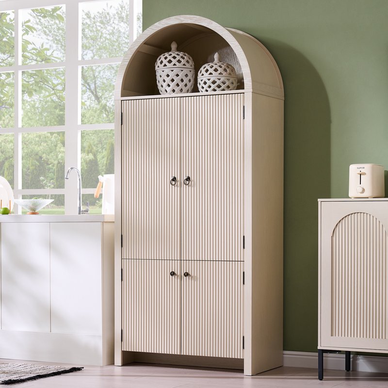 Modern Arched Pantry Storage Cabinet - Cream & Fluted Wood, 71"