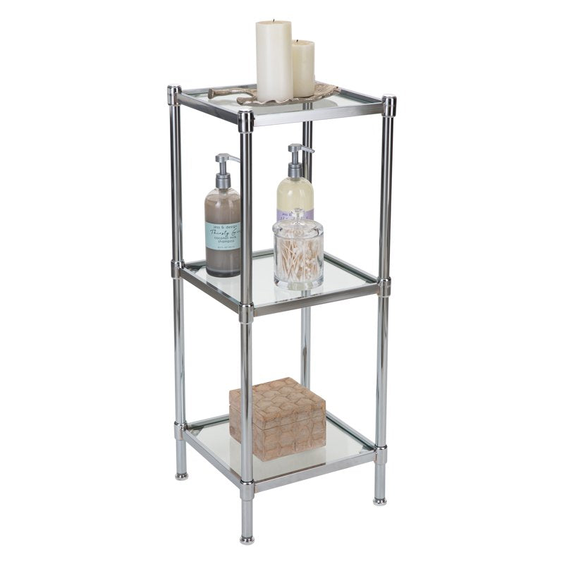 Over-the-Toilet Bathroom Storage Shelf - 3 Tier Freestanding Steel & Glass Tower - Chrome Finish