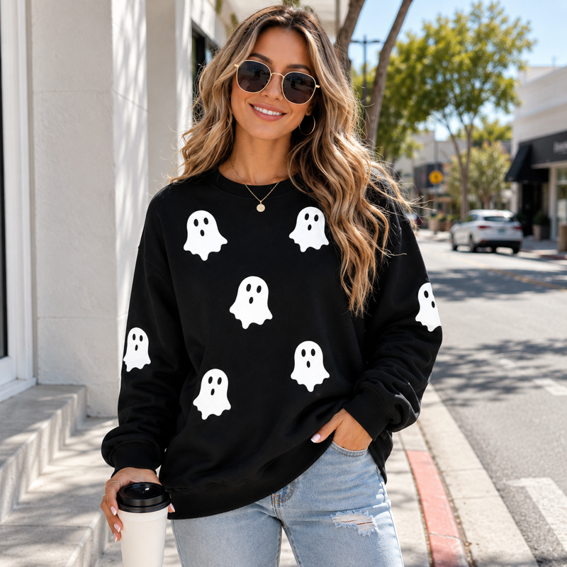 Halloween Ghost Graphic Sweatshirt Women Black XXL Spooky Fall Top